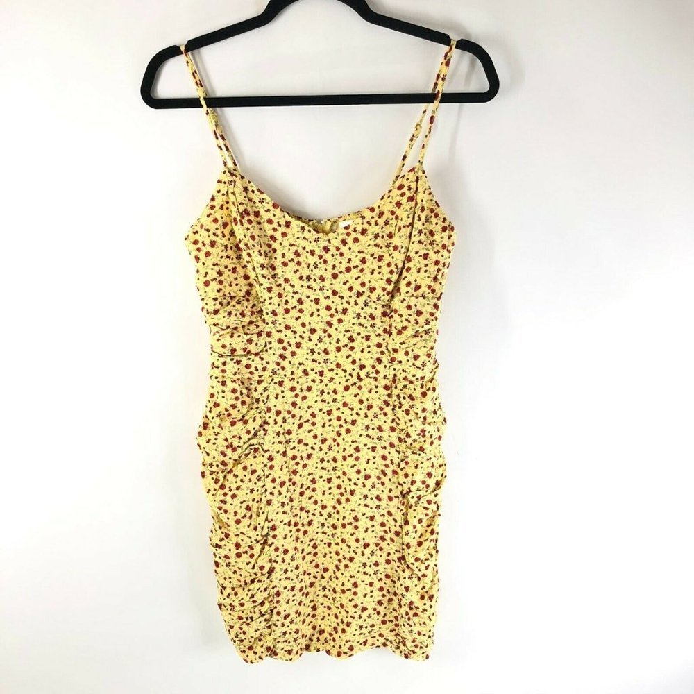 Row A Sheath Dress Ruched Floral Sleeveless Spaghetti Strap Yellow Size L